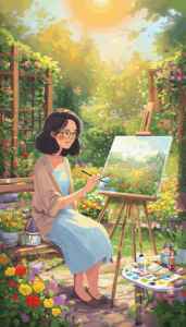 Illustration représentant l’artiste en train de peindre dans son jardin, symbolisant la continuité du processus créatif après la collaboration avec l’intelligence artificielle.