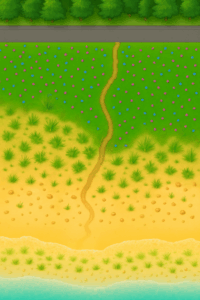 Illustration générée avec ChatGPT représentant une route qui longe une rive, troisième étape du processus créatif assisté par l’intelligence artificielle.