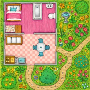 Une maison rose meublée au cœur d’un jardin illustre la croissance d’un projet créatif accompagné par l’intelligence artificielle.