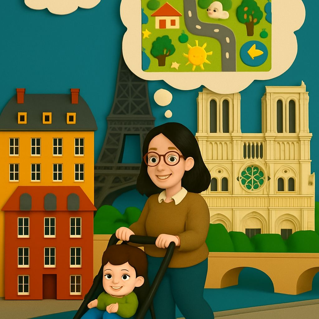 illustration de la créatrice Tapidou à Paris imaginant un tapis de jeu pour enfants, avec Notre-Dame en arrière-plan