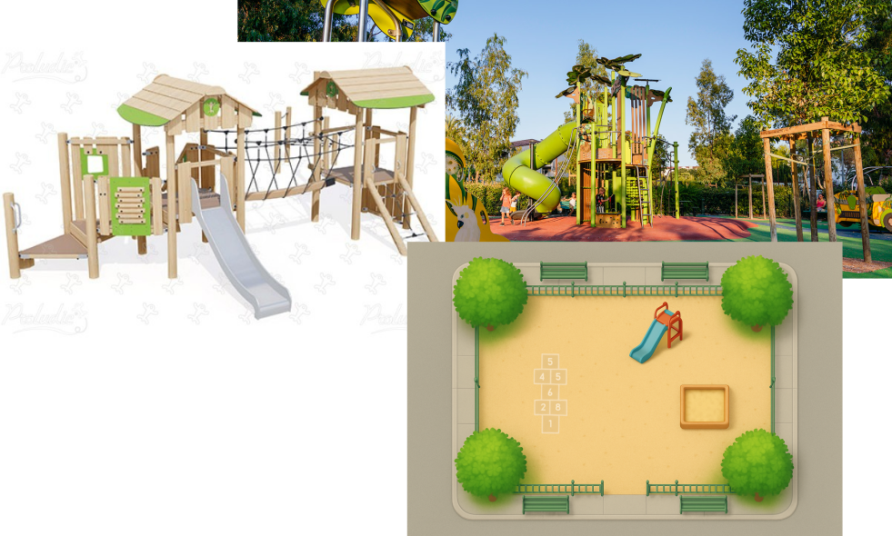 Illustration d’un parc pour enfants générée avec ChatGPT à partir de références existantes, cinquième étape du processus créatif assisté par l’intelligence artificielle.