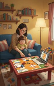 image générée par IA illustrant le processus créatif Tapidou, une mère et sa fille imaginant des tapis de jeu ensemble