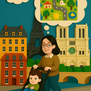 Illustration der Designerin Tapidou in Paris, die sich einen Spielteppich für Kinder ausdenkt, mit Notre-Dame im Hintergrund