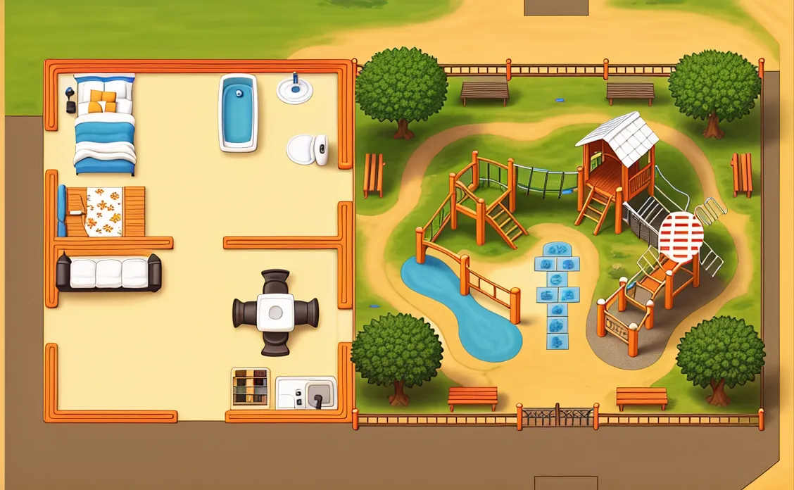 Illustration générée avec Magnific.ai selon un processus de style reference, représentant une maison meublée à côté d’un parc pour enfants. Sixième étape du processus créatif avec l’intelligence artificielle.